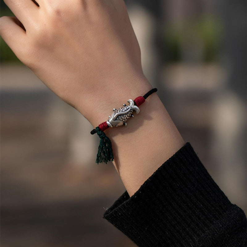 Silver Koi Woven Cord Bracelet ¨C Luck. Perseverance & Smooth Success