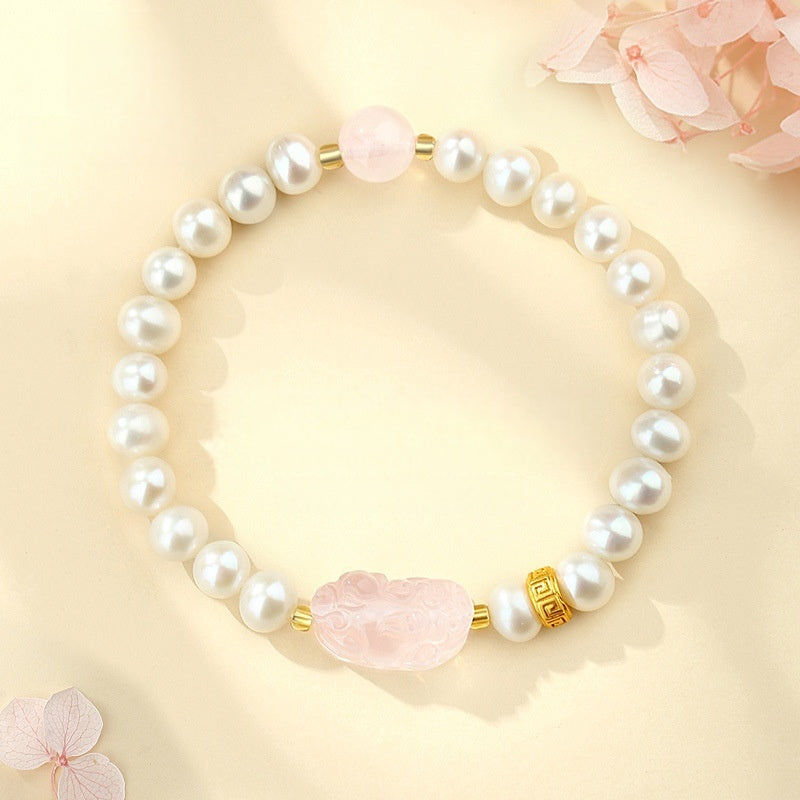 Rose Quartz Pixiu Bracelet with Pearls â€?925 Silver Fortune & Peace Charm