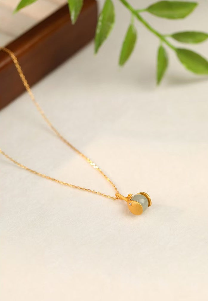 Gentle Essence Hetian Jade Pendant Necklace¨C S925 Sterling Silver with Ancient Gold Finish