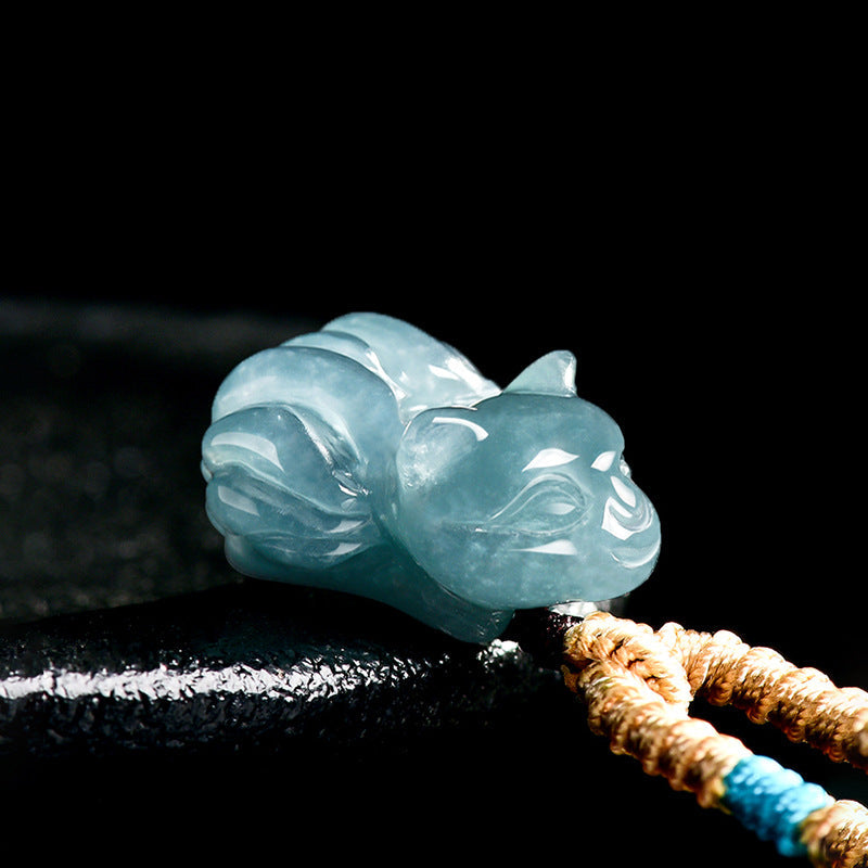 Natural Blue Jadeite Nine-Tailed Fox Pendant ¨C A Jade Ice Variety Carving