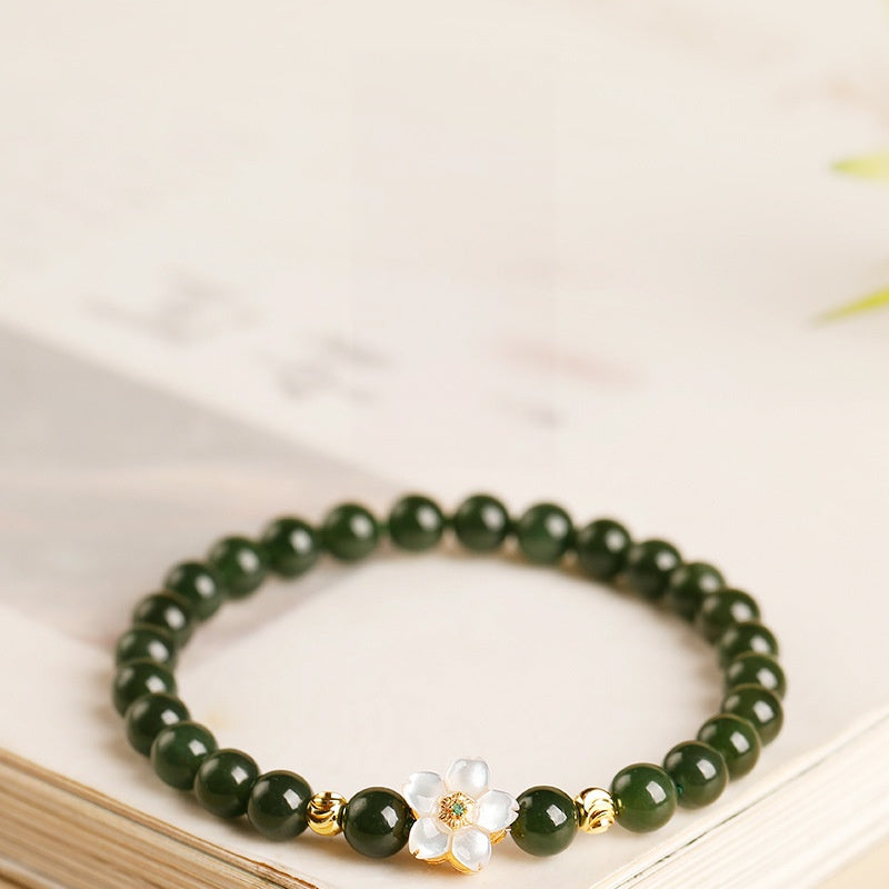 Nephrite Jade Bracelet with Mother-of-Pearl Flower-Grounded Elegance