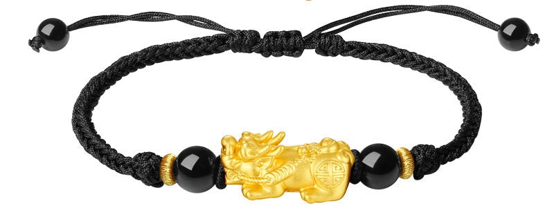 Golden Pixiu Couple String Bracelets ¨C Lucky & Protection Red and Black String Set