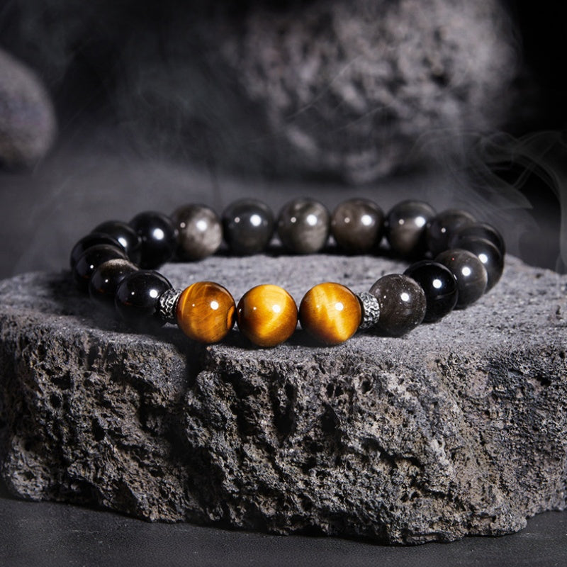 Silver Tiger Luster-Silver Obsidian & Tiger's Eye Beaded Bracelet