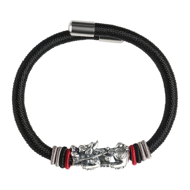 999 Silver Vintage Pixiu Braided Rope Bracelet