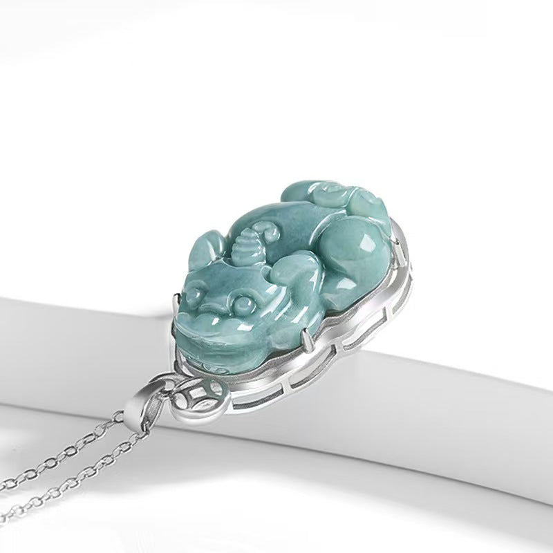Serene Pixiu Ice Jade Pendant-925 Sterling Silver Necklace for Protection. Wealth & Steady Growth