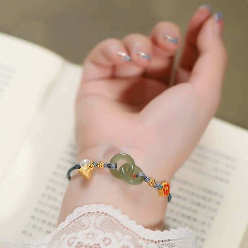 Interlocking Jade & Enamel Lotus Bracelet-Endless Love & Harmony Charm