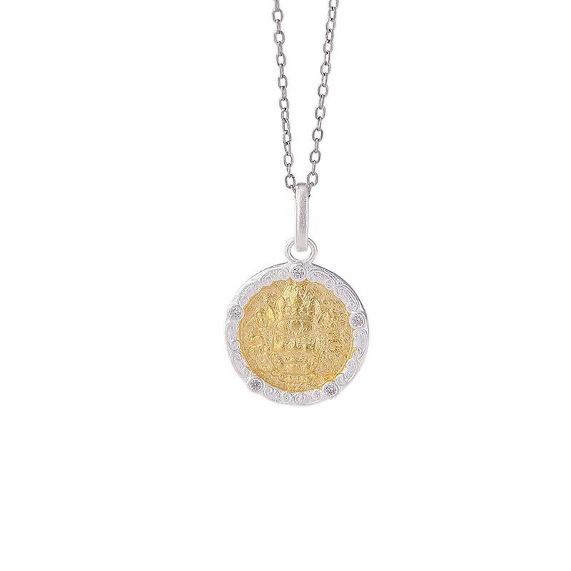 Yellow Jambhala Six True Words Silver Pendant Necklace-Protection and Prosperity