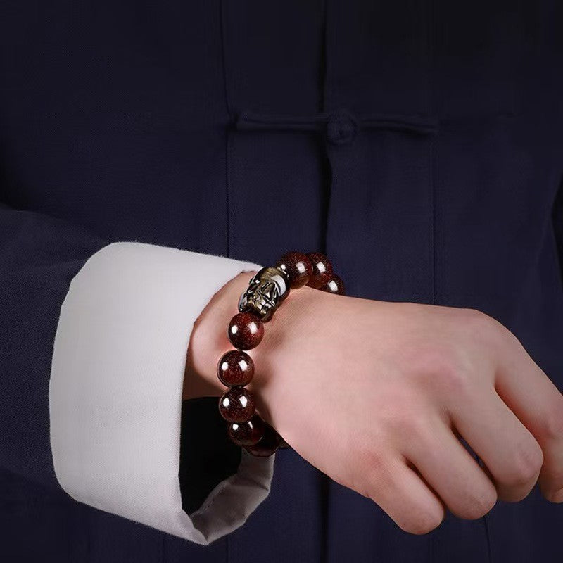 Red Sandalwood & Gold Obsidian Pixiu Bracelet-Prosperity Symbol