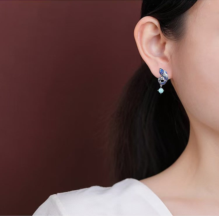 Enamel Phoenix Turquoise Silver Earrings-Protection and Luck