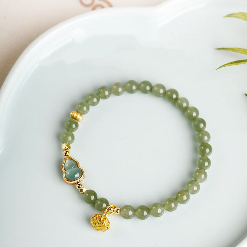 Hetian Jade Beaded Bracelet with Jadeite Gourd and Lotus Charm