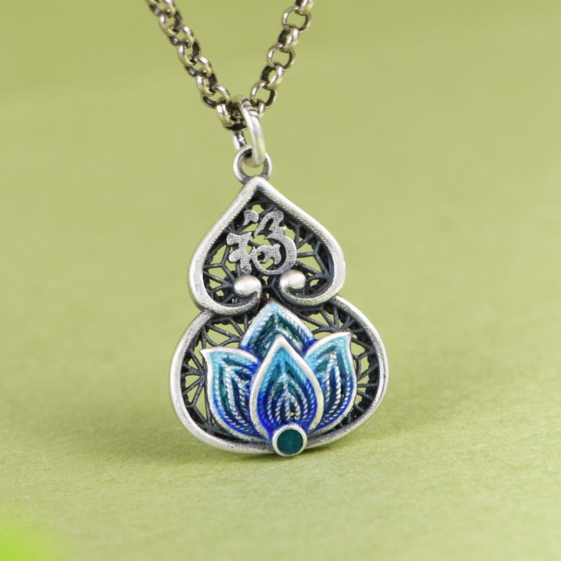 Feng Shui Calabash Cloisonne Silver Necklace-Protection. Longevity & Prosperity