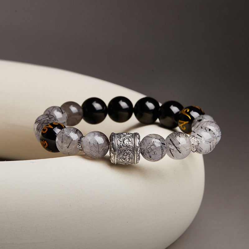 Six-Word Mantra Black Agate & Quartz Beaded Bracelet-Inner Calm