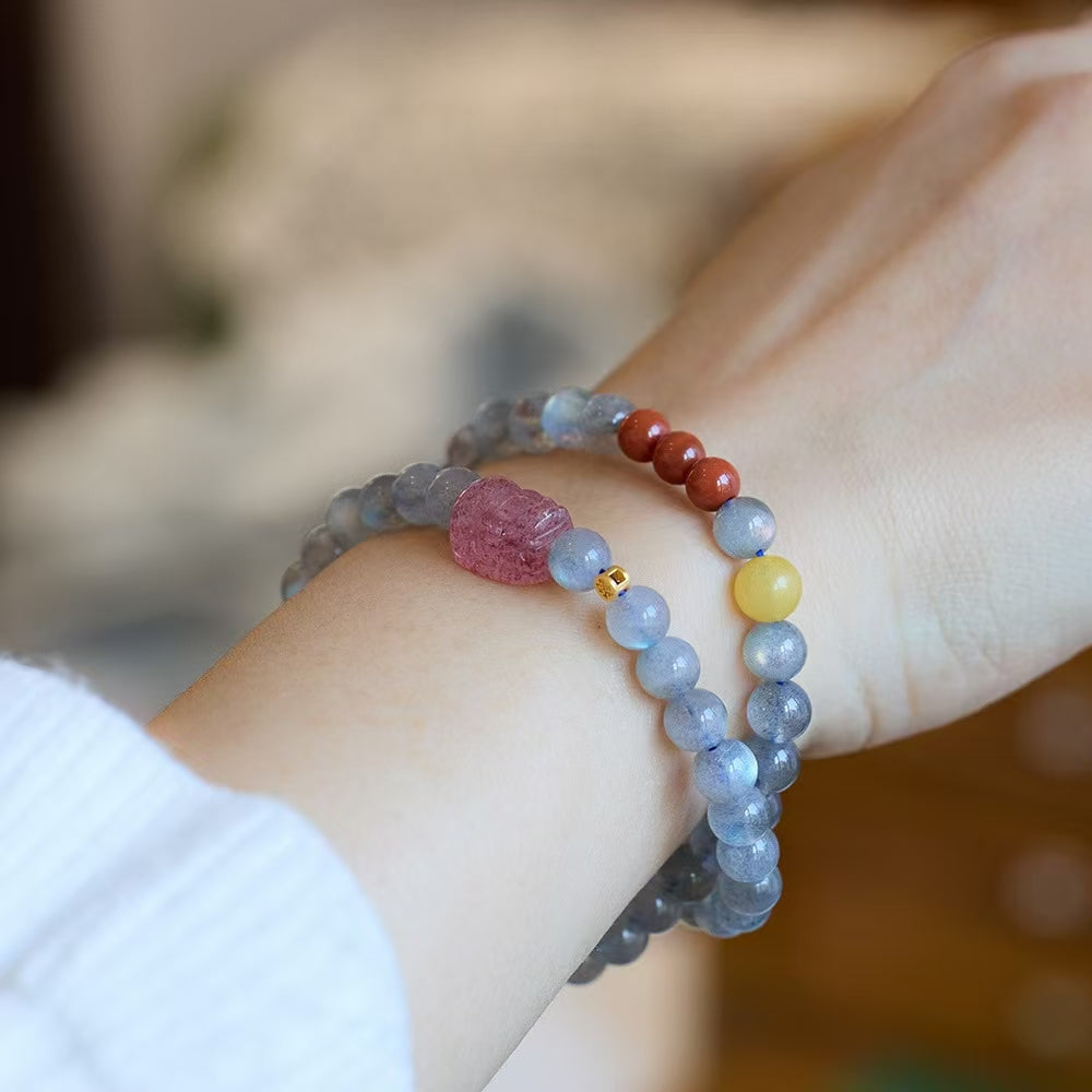 Strawberry Quartz Pixiu Moonstone Bracelet-Traditional Good Fortune Symbol
