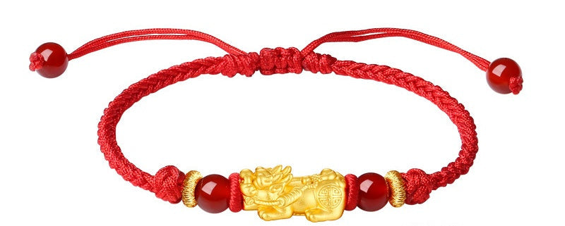 Golden Pixiu Couple String Bracelets ¨C Lucky & Protection Red and Black String Set