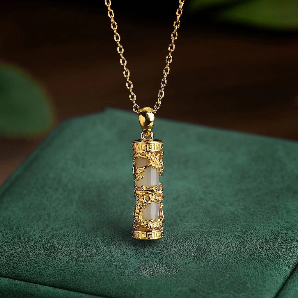 Ancient Craftsmanship Jade Dragon Pillar Necklace Pendant-Fortune Prosperity