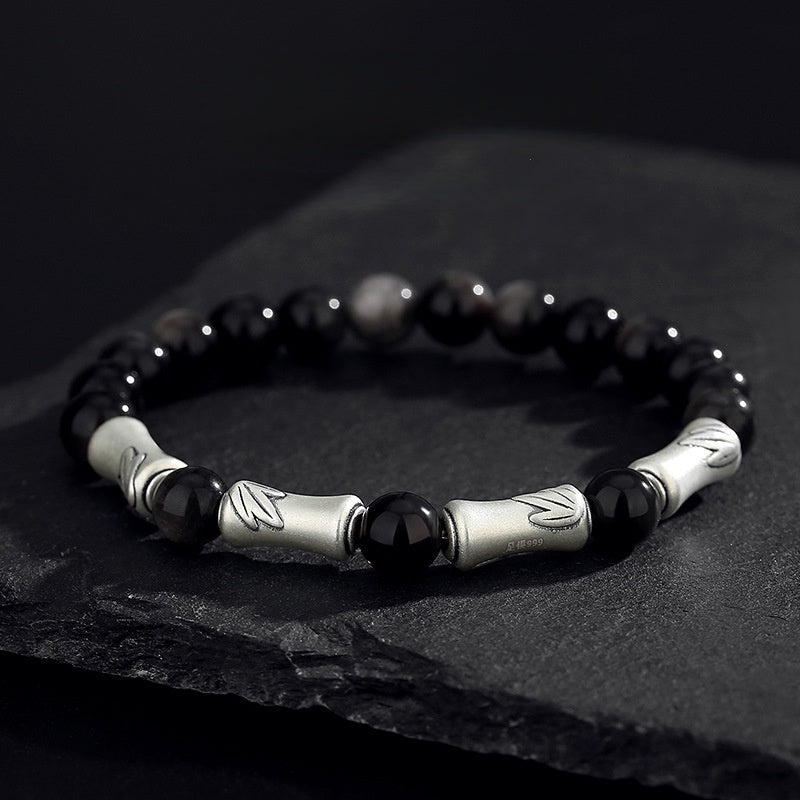 999 Sterling Silver Bamboo Bracelet ¨C Black Obsidian Men's Bracelet for Success & Steady Growth