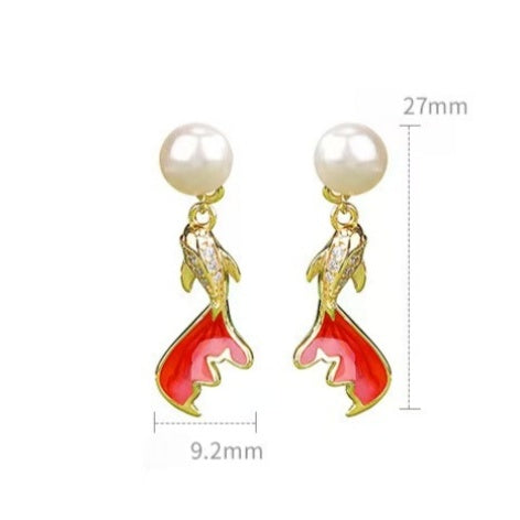 Pearl Koi Fish Drop Earrings ¨C Elegant Gold-Plated Studs with Enamel & Crystals