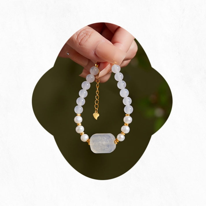 White Chalcedony Freshwater Pearl Bracelet-Moonlit Ripples