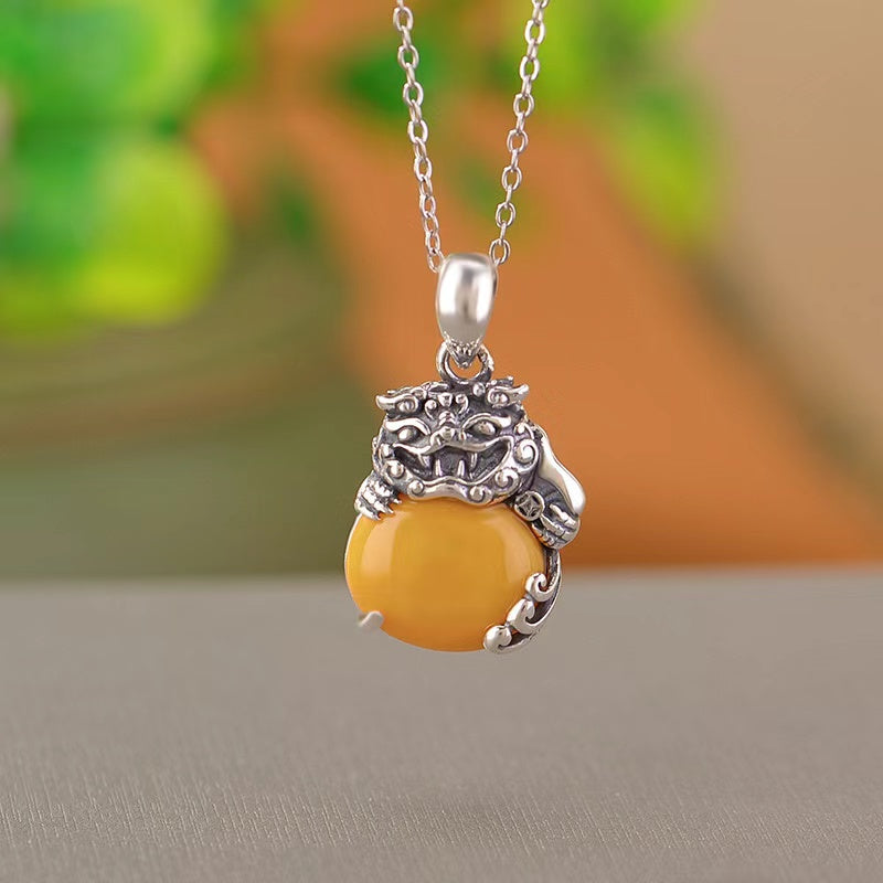 Pixiu Yellow Agate Silver Necklace-Balance and Prosperity