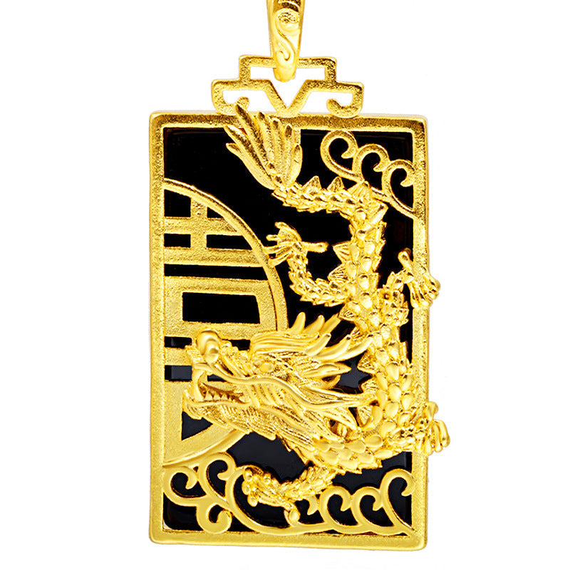 Auspicious Gold Dragon Black Agate Pendant