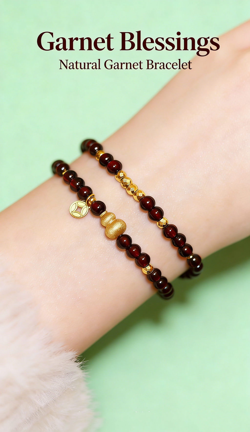 Fortune Blessing Garnet Double Wrap Bracelet-18K Gold-Plated Hulu Gourd Charm