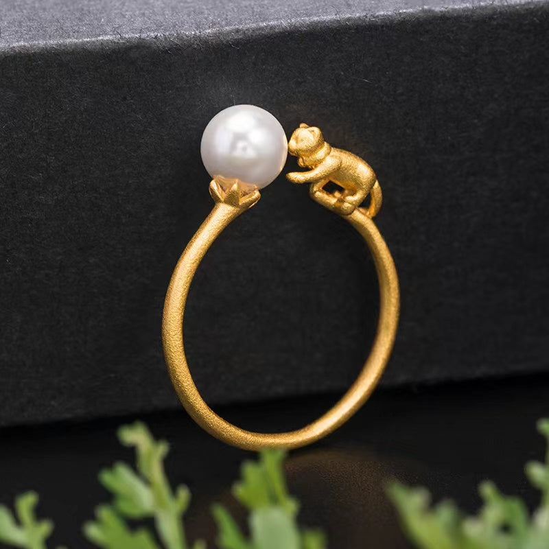 Original Design Gold Cat Pearl Silver Ring-Good Luck and Prosperity