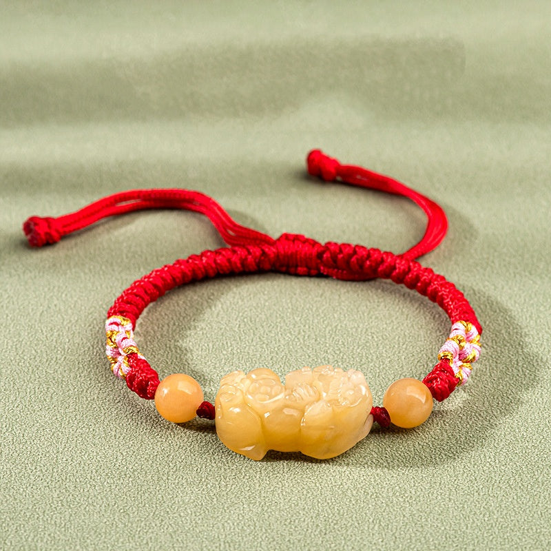 Hand-Woven Golden Silk Jade PiXiu Bracelet ¨C Protection. Peace & Vitality