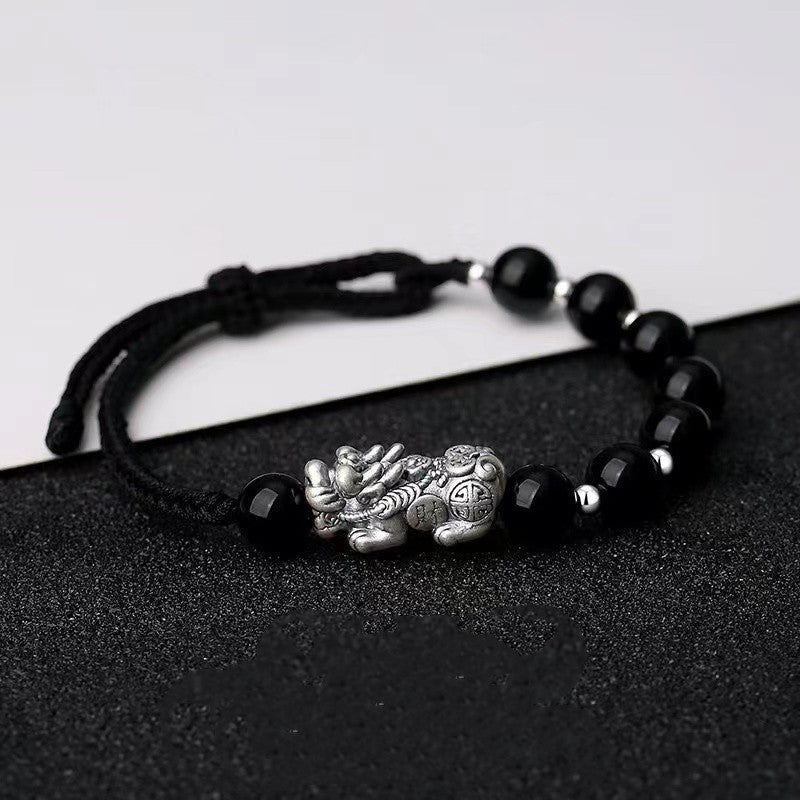 Black Obsidian 999 Silver Pixiu Bracelet-Traditional Good Fortune Symbol