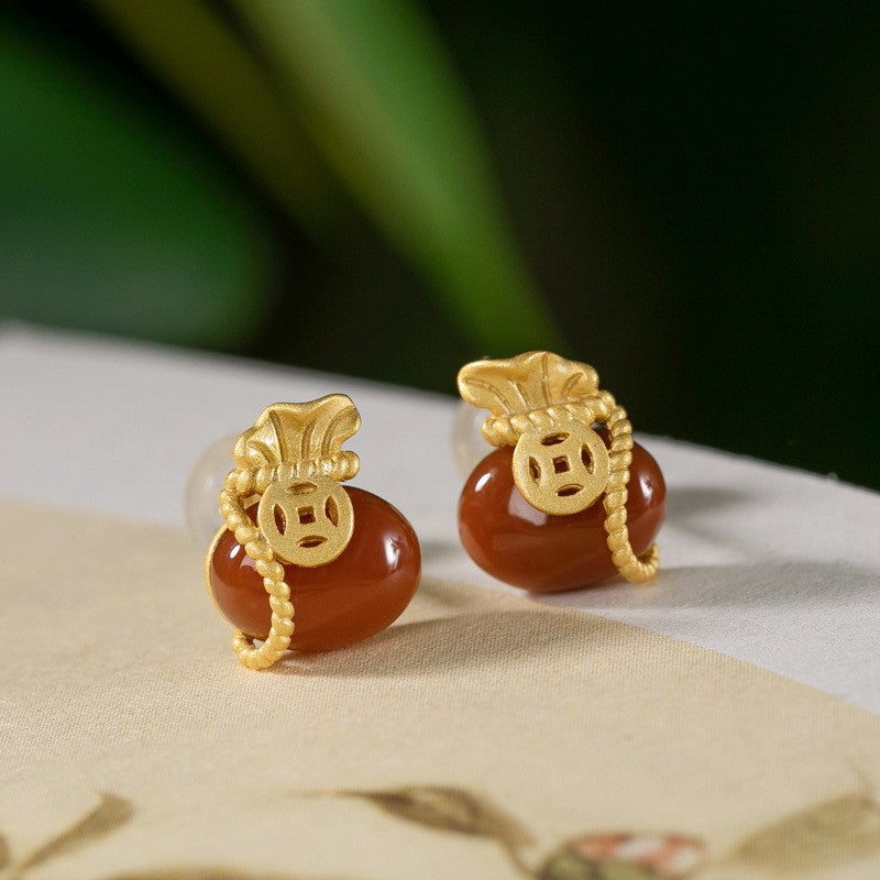 Red Agate Fortune Bag Earrings ¨C 18K Gold-Plated Sterling Silver Studs