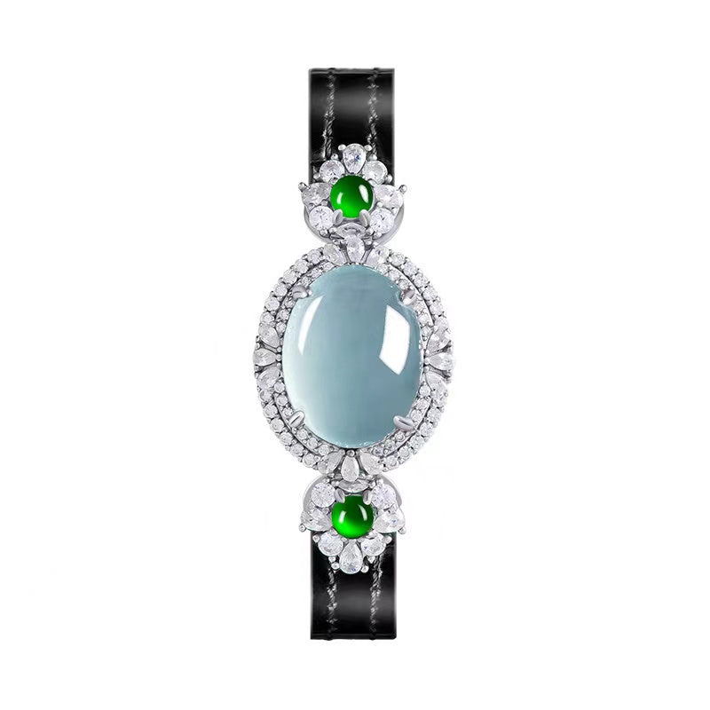 Luxury Blue Ice Jade Bracelet with Leather Strap -Attract Luck