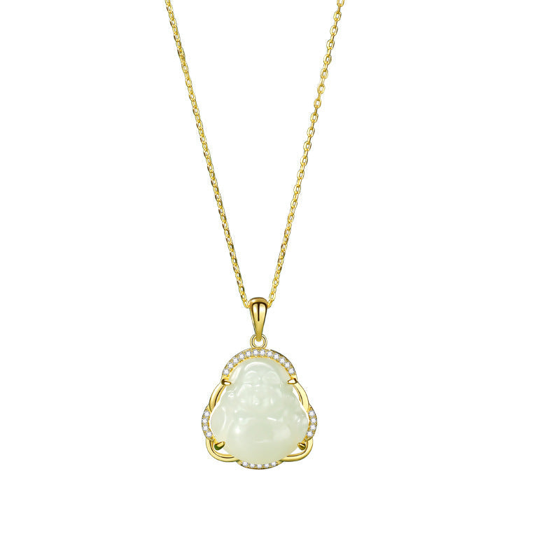 Laughing Buddha Nephrite Jade Gold-Plated S925 Silver Necklace-Joyful Contentment