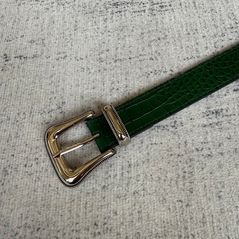 Crocodile-Embossed Belt - Green