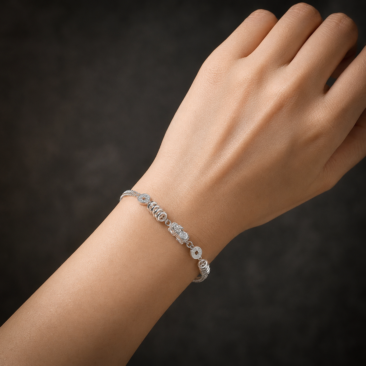 Fortune in Motion-Coin Bracelet with 999 Fine Silver Pixiu