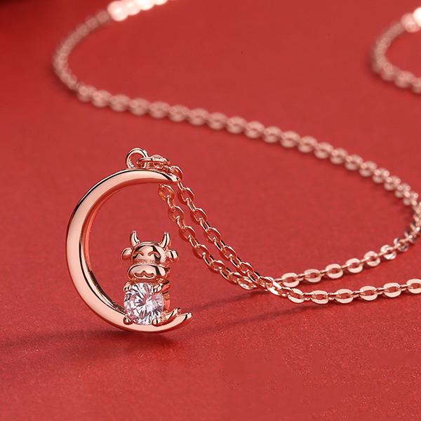 2021 Chinese New Year Zodiac OX Diamond Gold Pendant Necklace