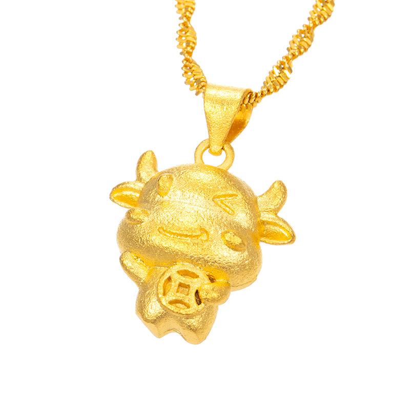 2021 Chinese New Year Zodiac OX Feng Shui Coin 24k Gold Pendant Necklace