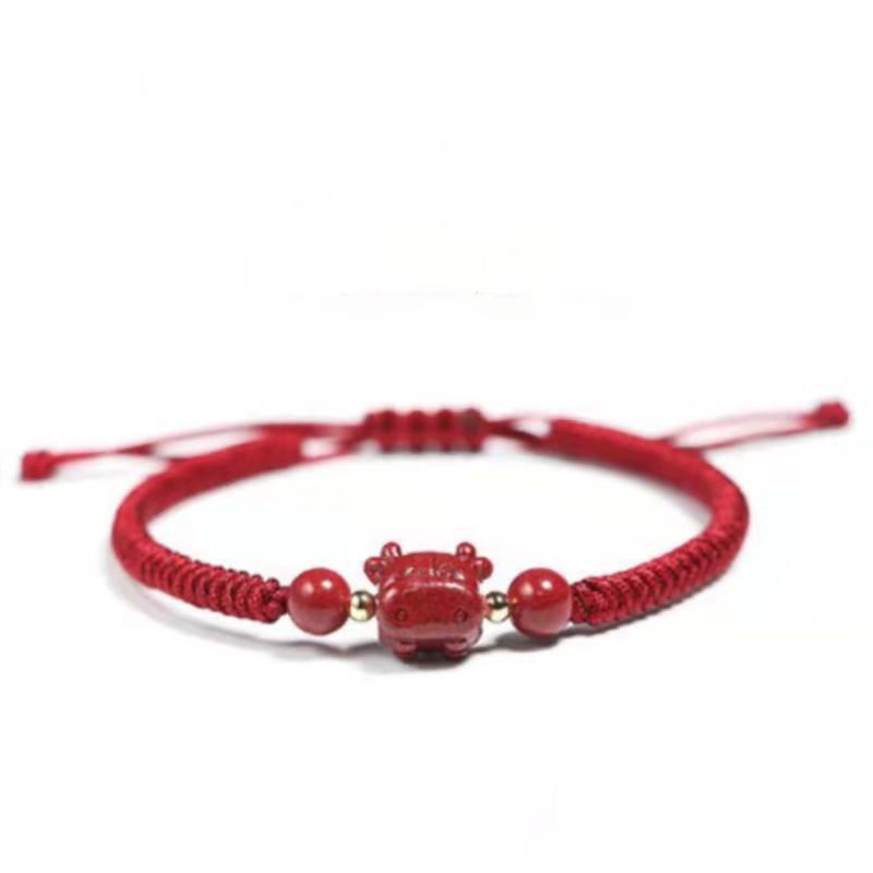2021 Chinese New Year Zodiac OX Natural Red Cinnabar Bead Protection Bracelet