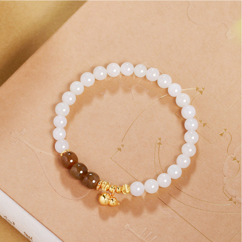 Gold-Plated Silver Gourd White Nephrite Jade Bracelet-Gentle Fortune