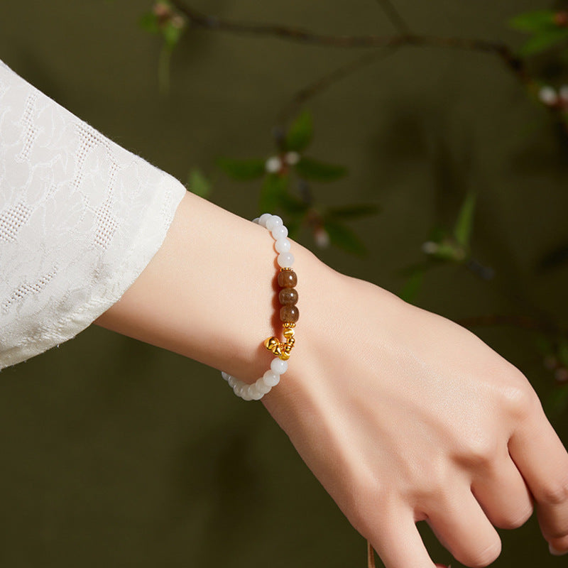 Gold-Plated Silver Gourd White Nephrite Jade Bracelet-Gentle Fortune