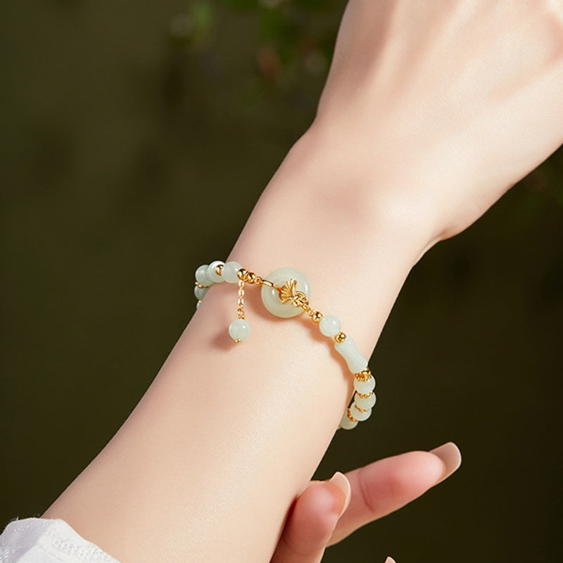 Nephrite Jade Peace Buckle Silver Bracelet-Autumn Grace