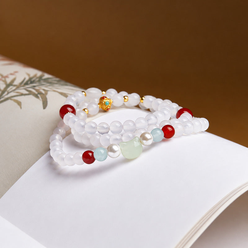 Nephrite Jade Cat White Agate Triple-Wrap Bracelet-Everyday Joy