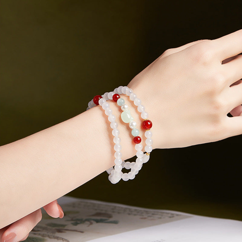 Nephrite Jade Cat White Agate Triple-Wrap Bracelet-Everyday Joy