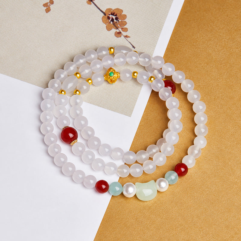 Nephrite Jade Cat White Agate Triple-Wrap Bracelet-Everyday Joy