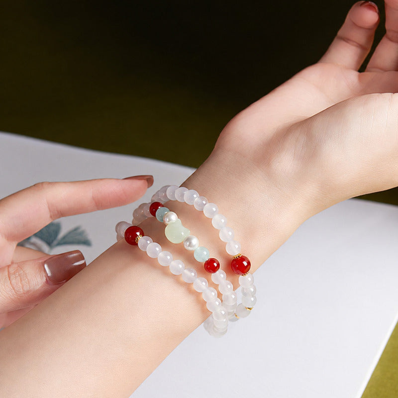 Nephrite Jade Cat White Agate Triple-Wrap Bracelet-Everyday Joy