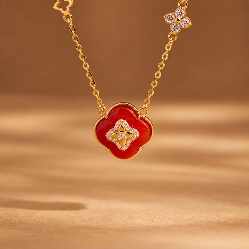 Floral Wishes-Red Agate Four-Leaf Clover Necklace