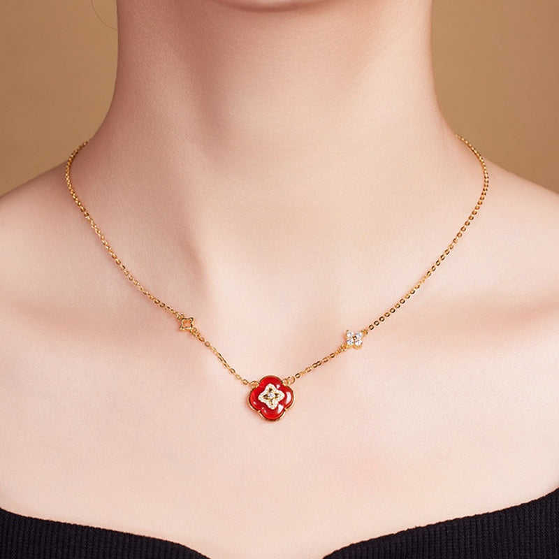 Floral Wishes-Red Agate Four-Leaf Clover Necklace