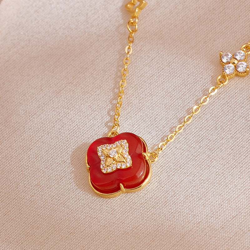 Floral Wishes-Red Agate Four-Leaf Clover Necklace