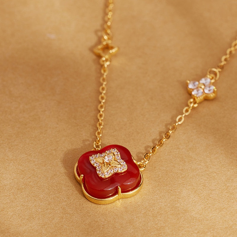 Floral Wishes-Red Agate Four-Leaf Clover Necklace