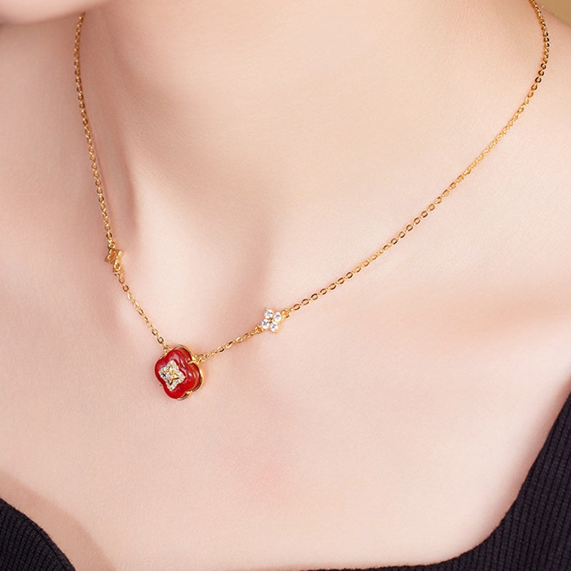 Floral Wishes-Red Agate Four-Leaf Clover Necklace