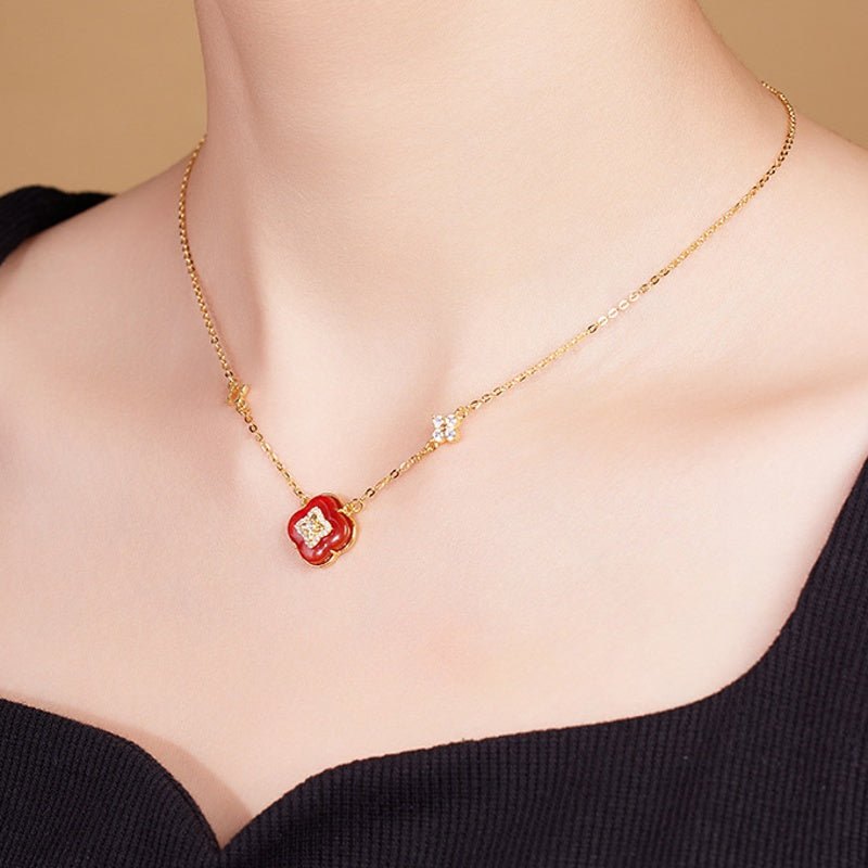 Floral Wishes-Red Agate Four-Leaf Clover Necklace