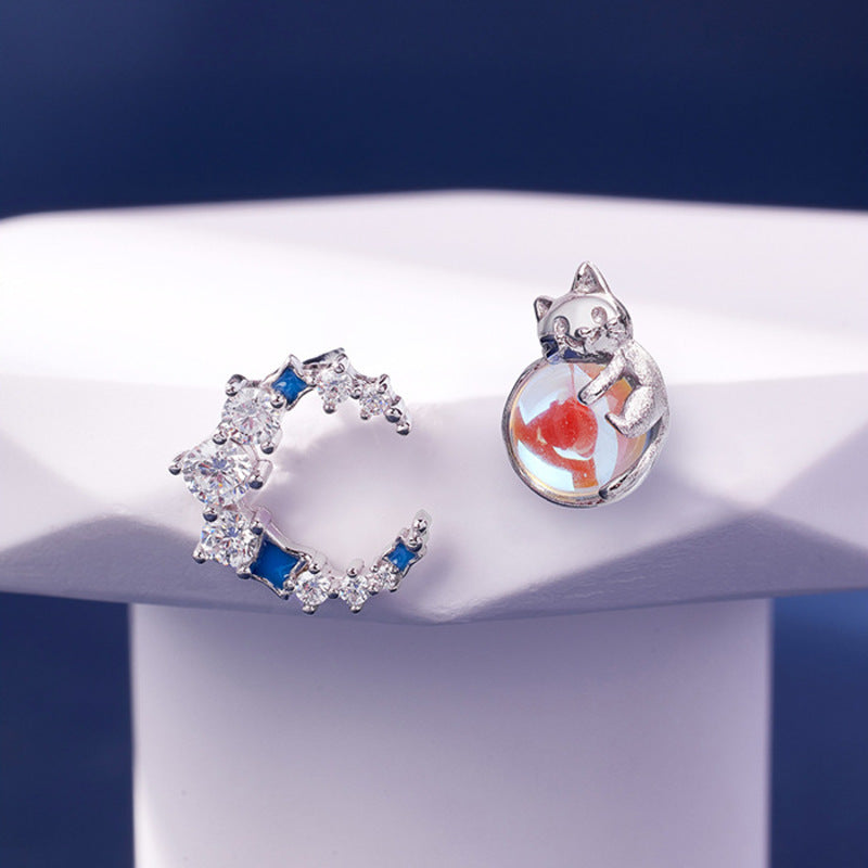 Sterling Silver Cat Moon Stud Earrings-Midnight Companions